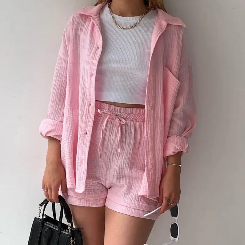Pink Relaxed Button-Up Shirt and Drawstring Shorts Two-Piece Set