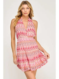 Pink Chevron Halter Neck Flowy Mini Dress