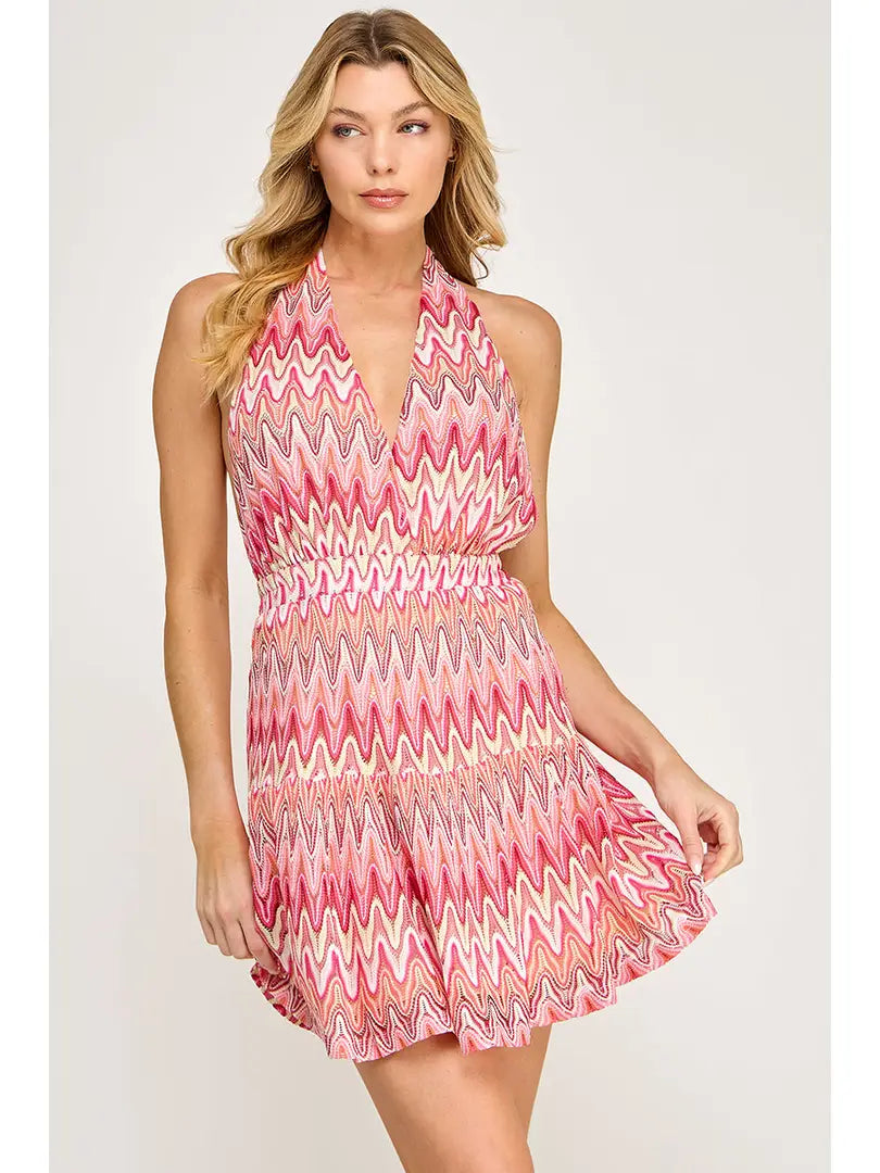 Pink Chevron Halter Neck Flowy Mini Dress