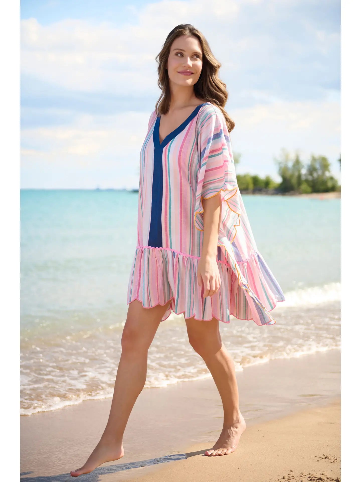 Pastel Stripe Ruffle Hem V-Neck Beach Cover-Up Dress