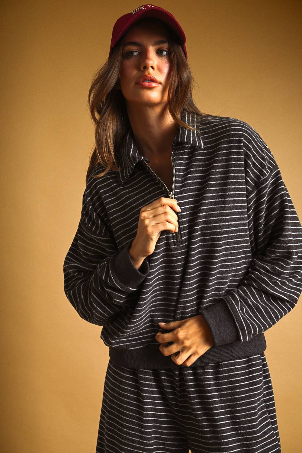 Striped Towel Fabric Pants & Half Zip Pullover