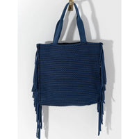 Navy Woven Tote Bag with Fringe Detail