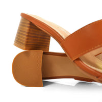 Tan Cutout Strap Block Heel Slide Sandals