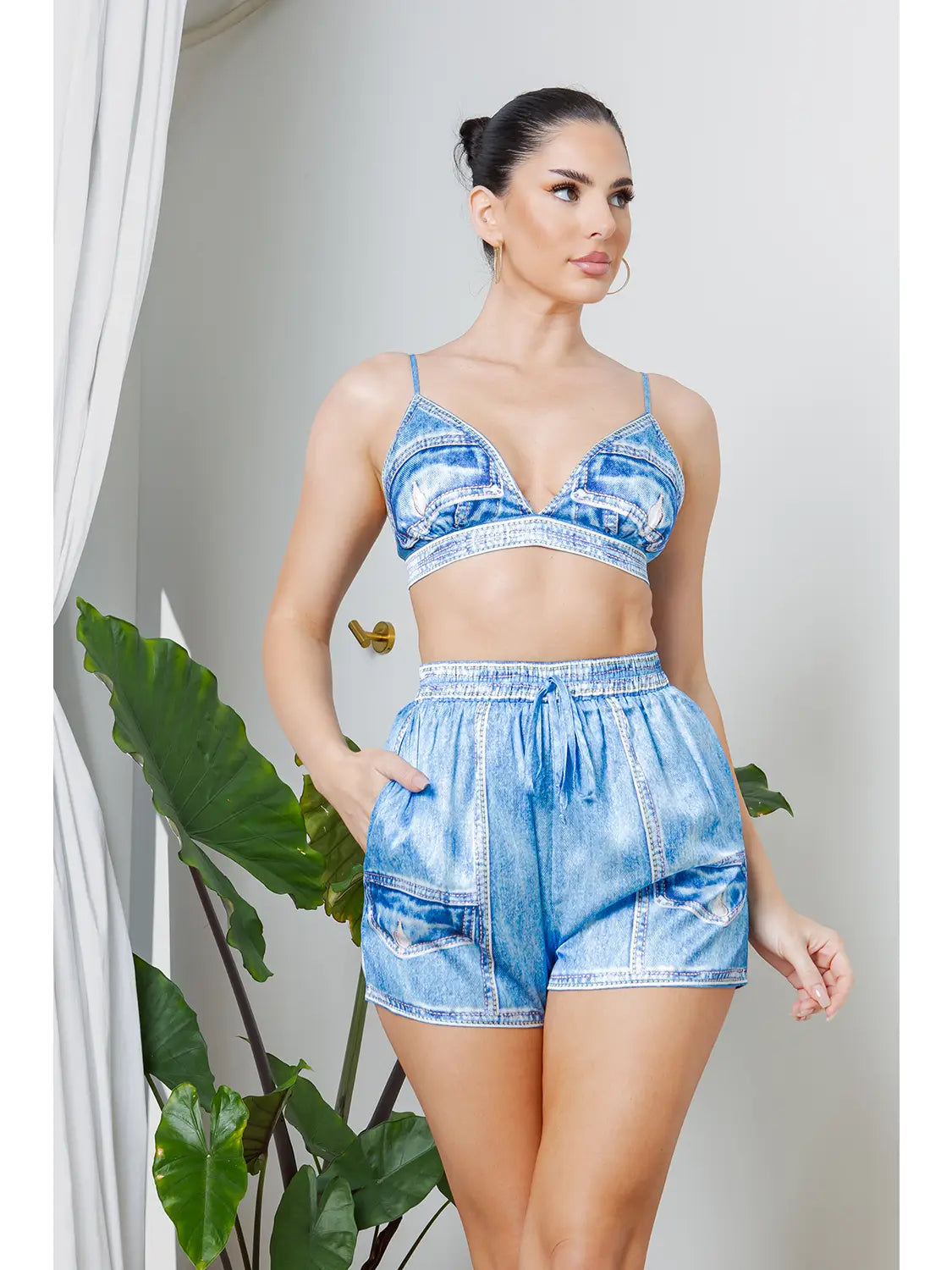 Denim Bralette and Shorts Lounge Set