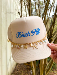 Beach Hut Script Trucker Hat with Shell Charm Chain Coastal Summer Cap