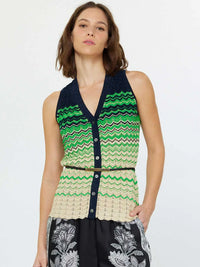 Chevron Stripe Sleeveless Knit Button Front Top