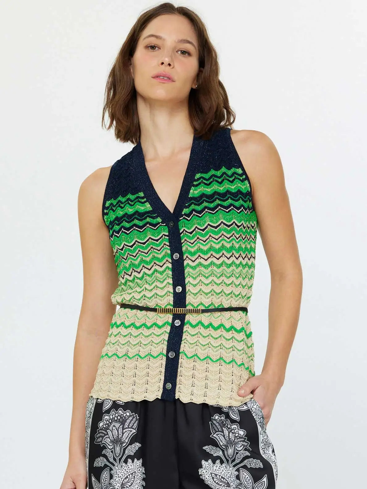 Chevron Stripe Sleeveless Knit Button Front Top
