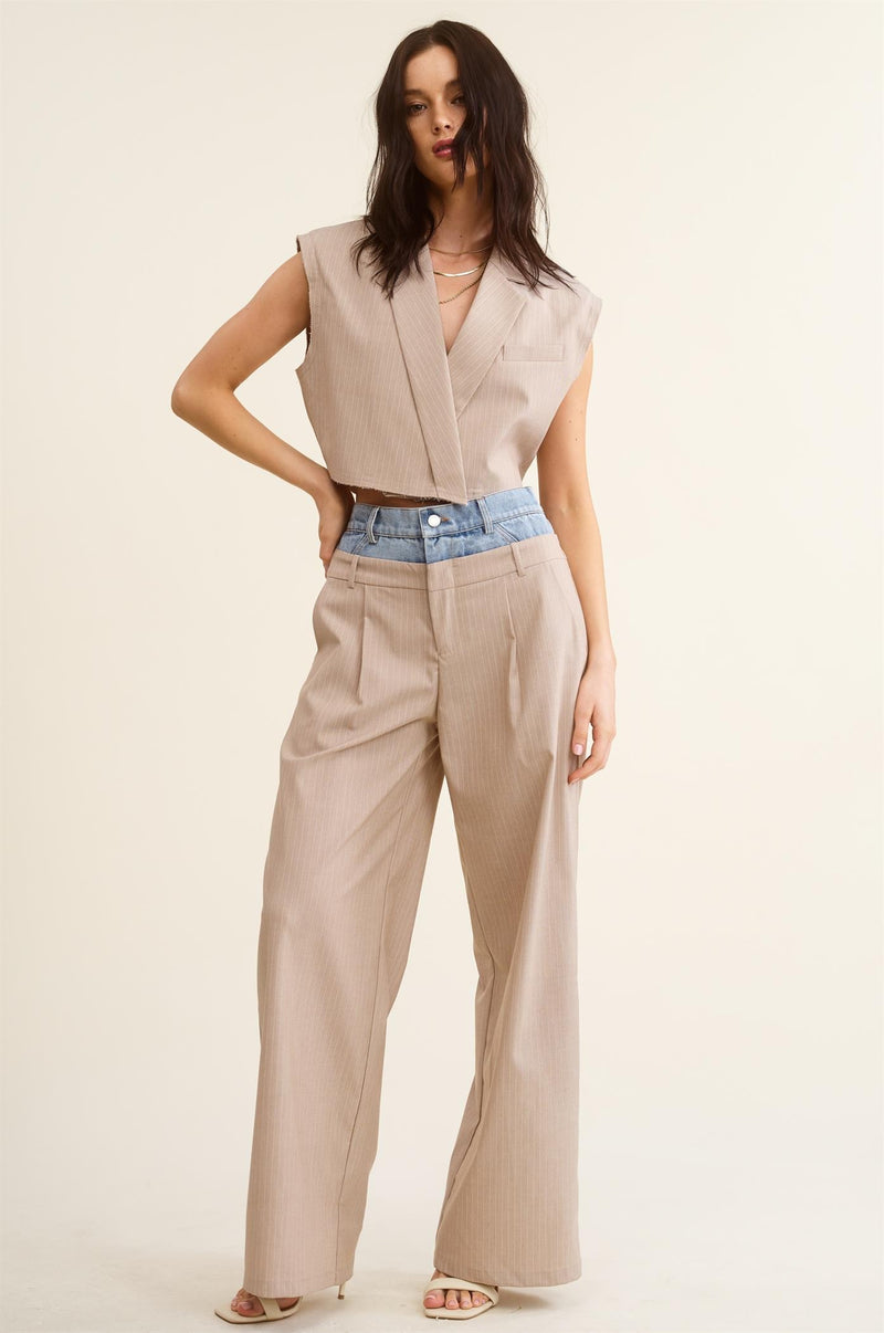 DENIM WAISTBAND CONTRAST WIDE LEG BILLIE TROUSERS