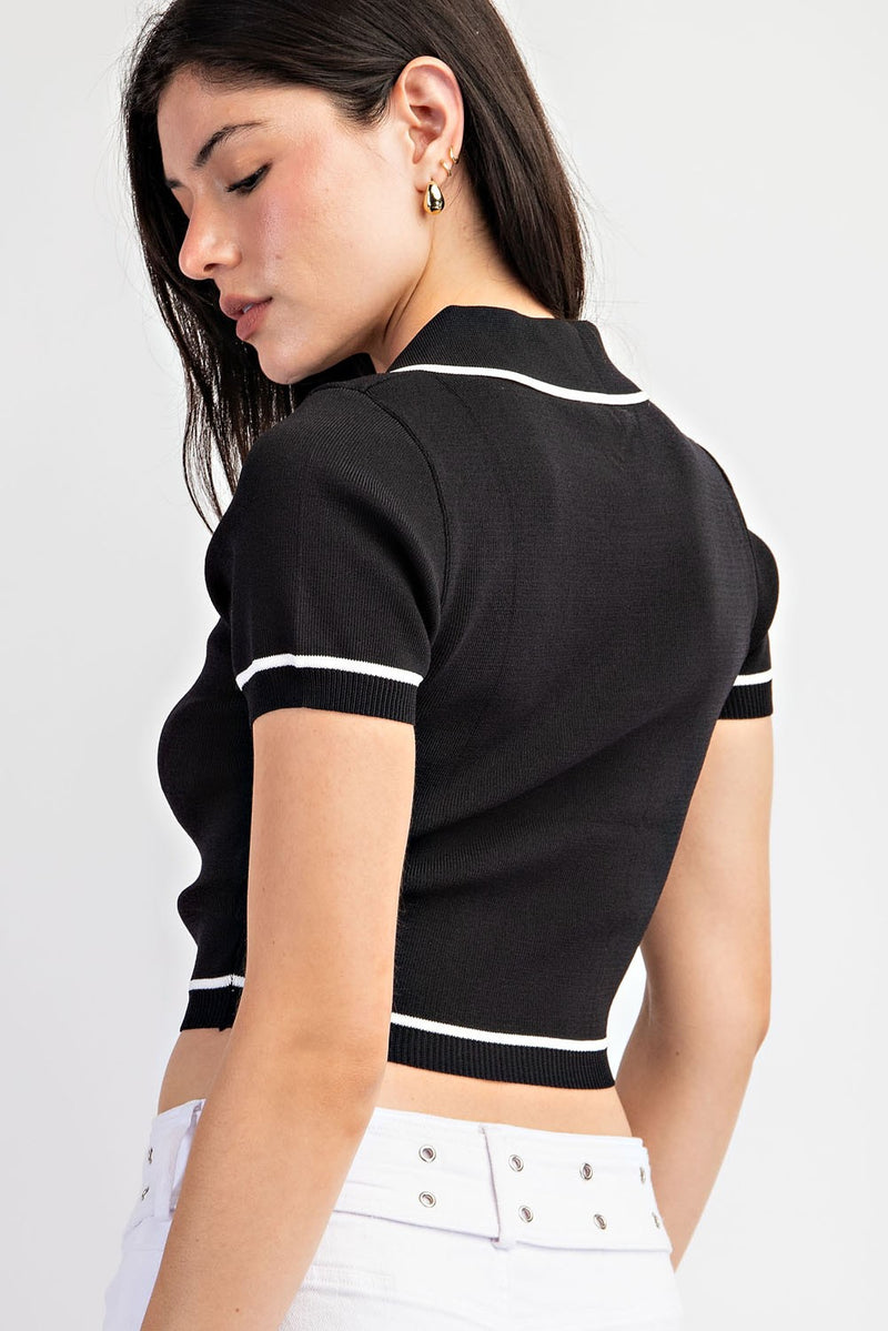 SHORT SLEEVE RIBBED SWEATER COLLARED TOP