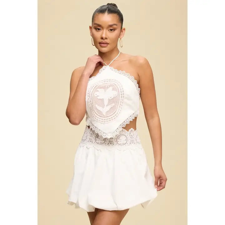 White Lace Halter Top and Mini Skirt Set with Embroidered Detail