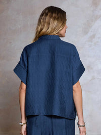 Blue Textured Button Front Short Sleeve Blouse