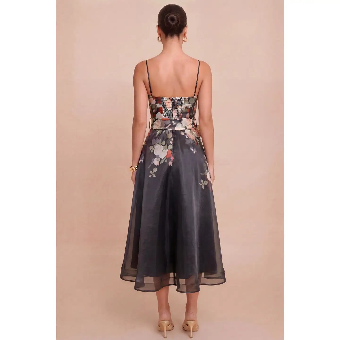 Floral Bustier Organza Midi Dress with Waist Tie