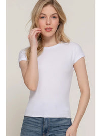 White Ribbed Crew Neck Fitted Short Sleeve Tee