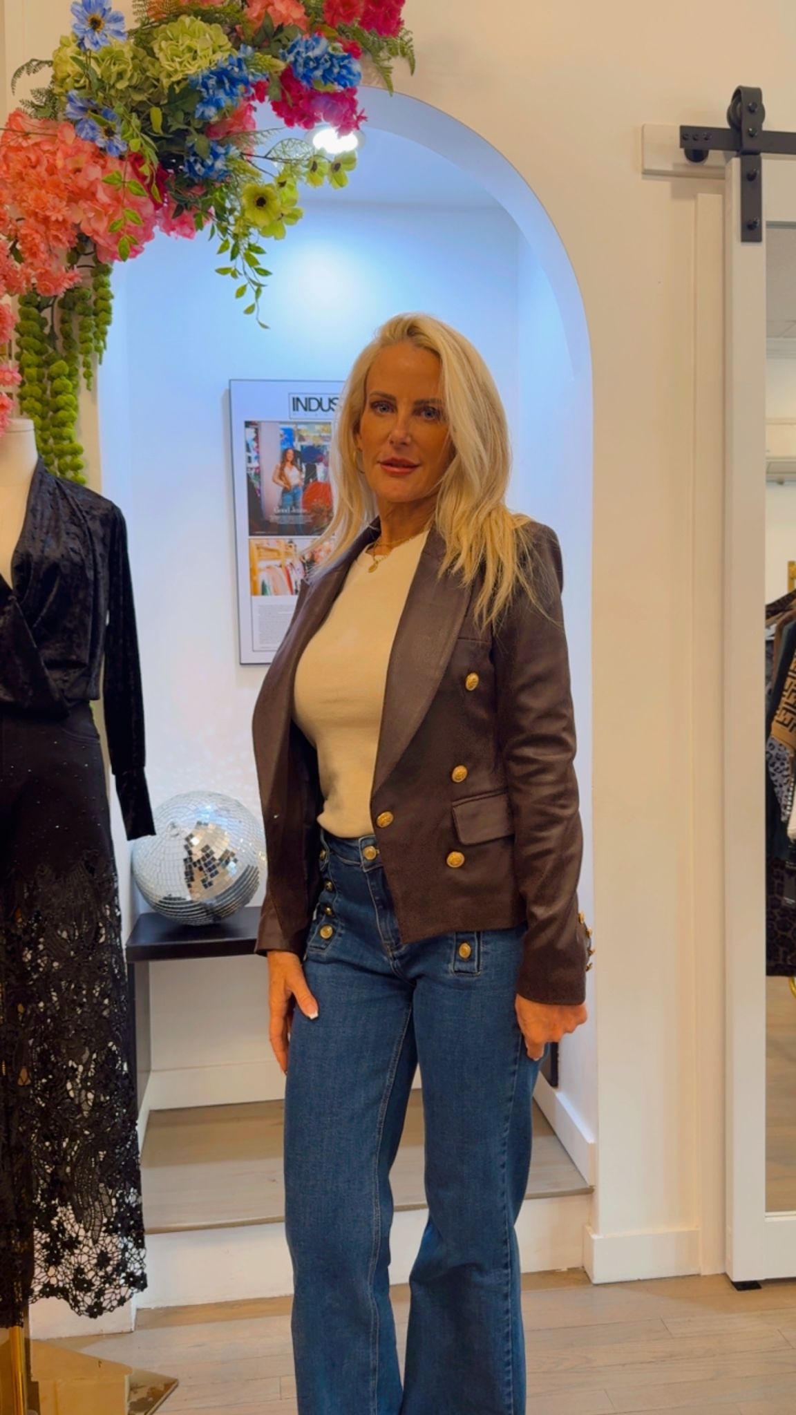 Chocolate Vegan Leather Blazer with Gold Double-Breasted Buttons