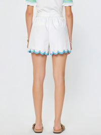 White Scalloped Hem Shorts with Blue Trim and Belt Detail