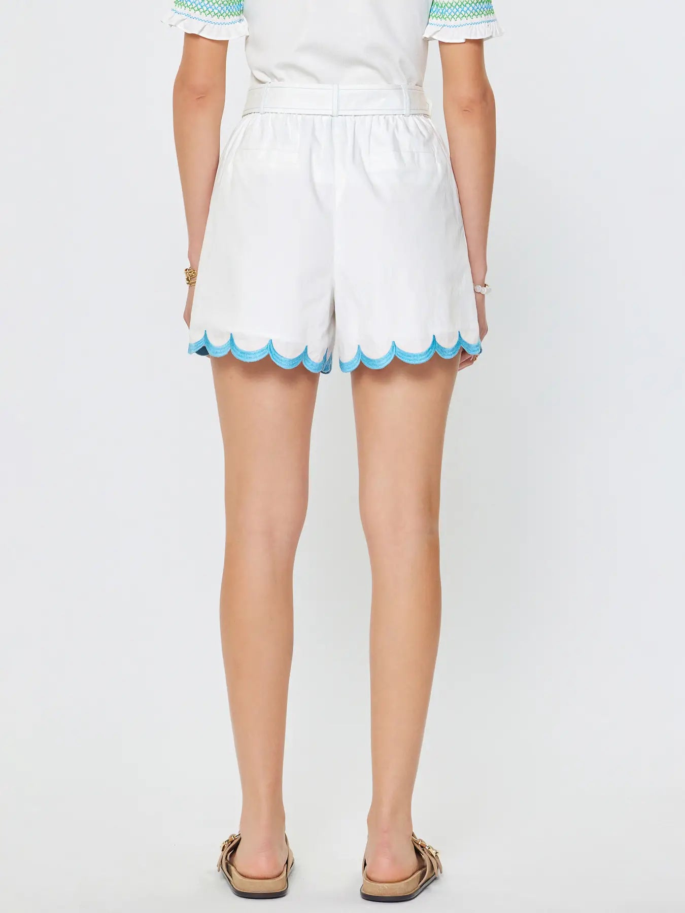 White Scalloped Hem Shorts with Blue Trim and Belt Detail
