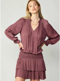 Rose Pink Pleated Tiered Mini Dress with Smocked Waist and Long Sleeves