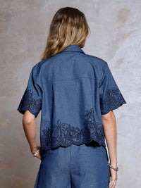 Embroidered Chambray Short Sleeve Button Front Top
