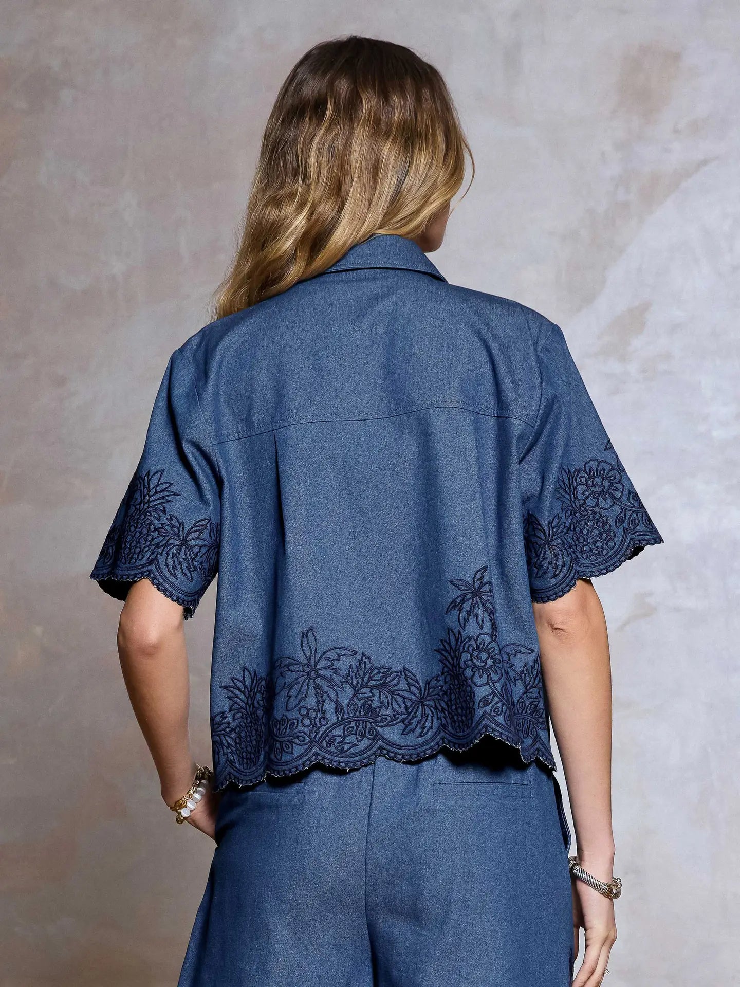 Embroidered Chambray Short Sleeve Button Front Top