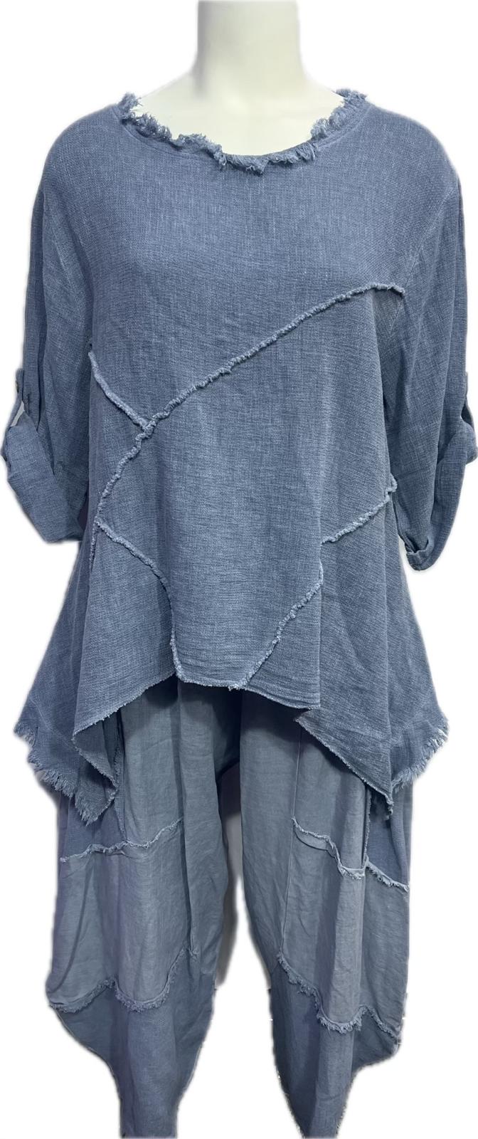 Denim Blue Frayed Edge Layered Tunic and Pants Set