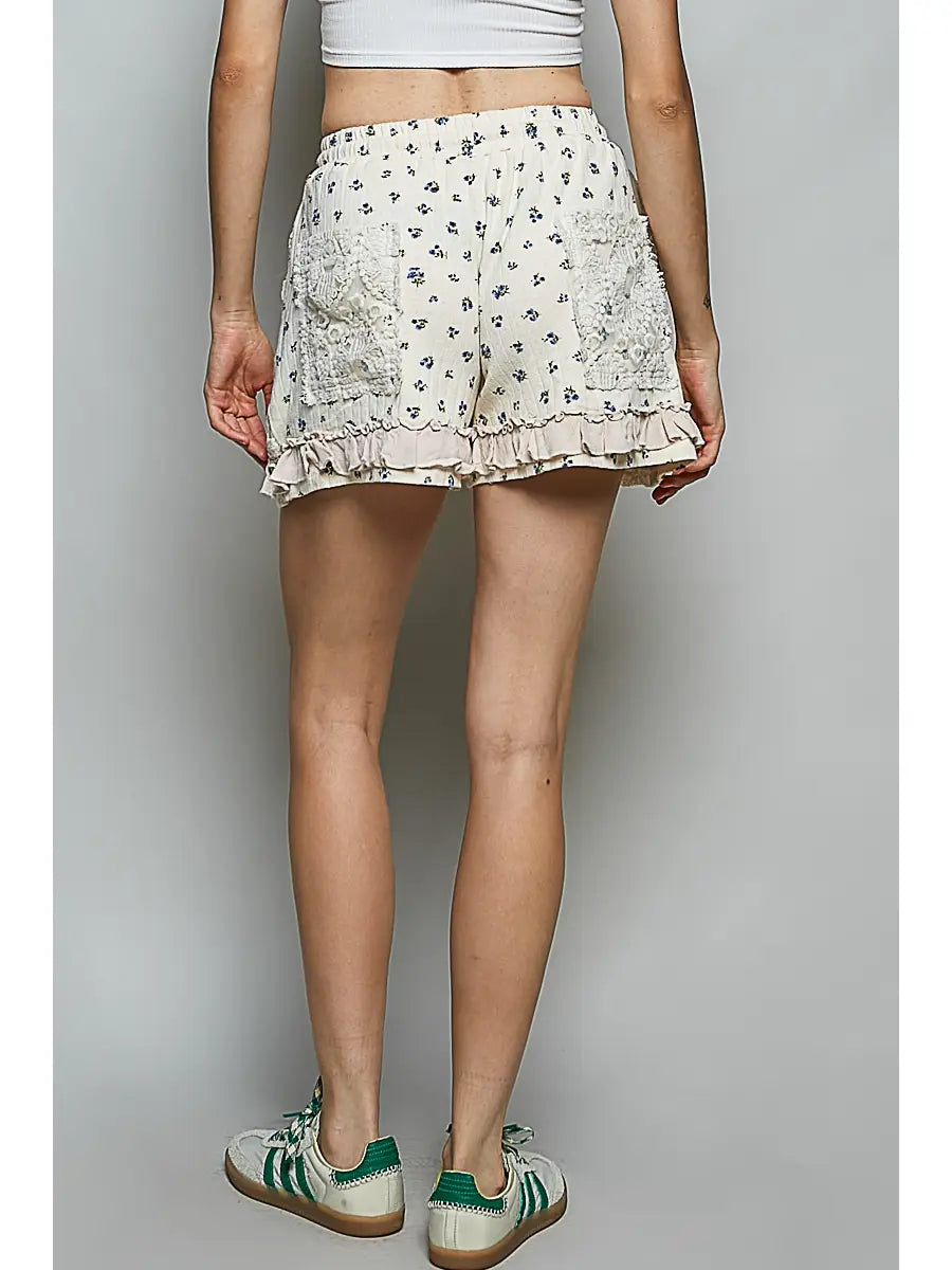Nude Floral Lace Trim Ruffle Shorts