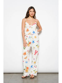 White Tropical Fruit & Sea Life Print Spaghetti Strap Top