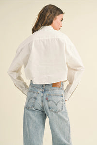White Cropped Button-Up Long Sleeve Shirt Top