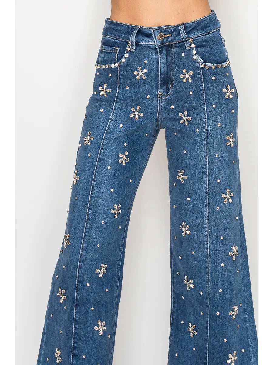 Embellished Flower Wide-Leg Jeans