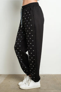 Rhinestone Heart Print Black Jogger Sweatpants