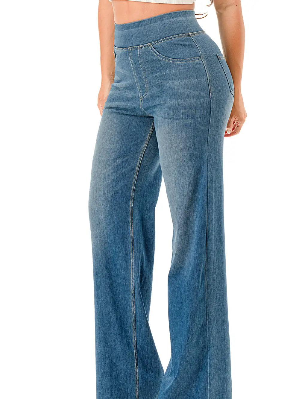 Medium Denim High-Waisted Stretch Wide Leg Jeans