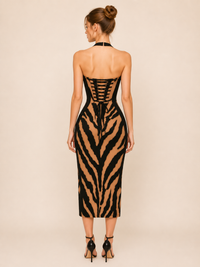 SCUBA ZEBRA PRINT HALTER SHAPEWEAR MAXI DRESS
