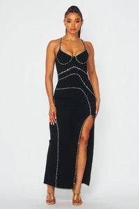 Side Slit Embellished Rhinestone Maxi Dress