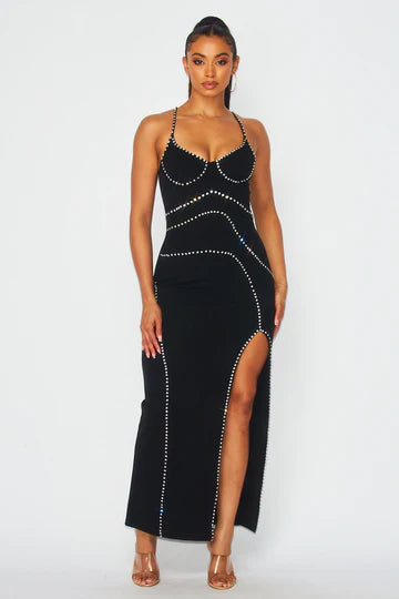 Side Slit Embellished Rhinestone Maxi Dress