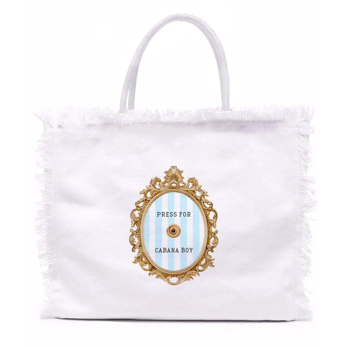 Fringe Canvas Tote Bag with "Press for Cabana Boy" Graphic