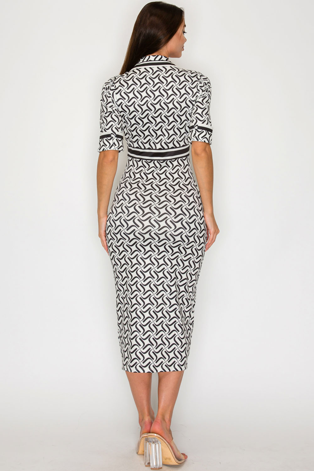 Geometric Print Button Down Short Sleeve Midi Dress