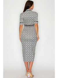 Geometric Print Button Down Short Sleeve Midi Dress