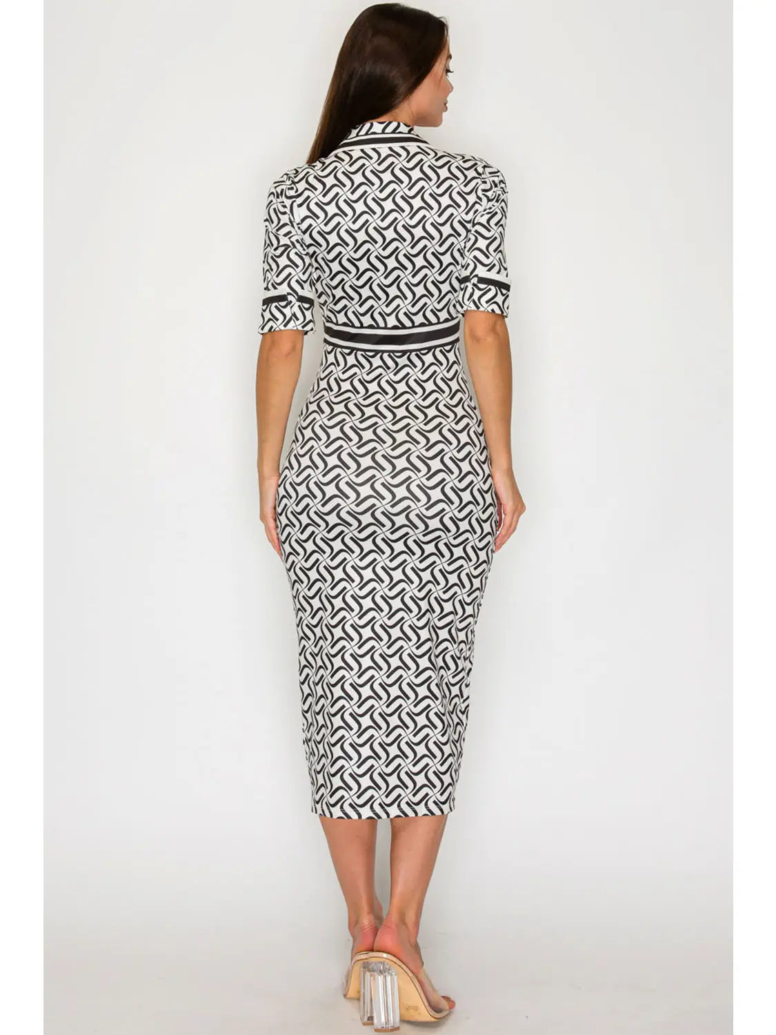 Geometric Print Button Down Short Sleeve Midi Dress