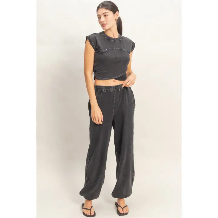 Black Washed Crop Tee and Jogger Lounge Set