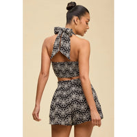 Black Floral Halter Crop Top & High Waist Shorts Set