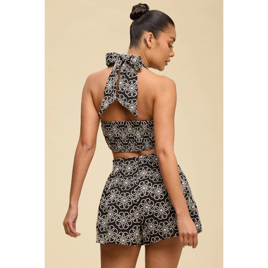 Black Floral Halter Crop Top & High Waist Shorts Set