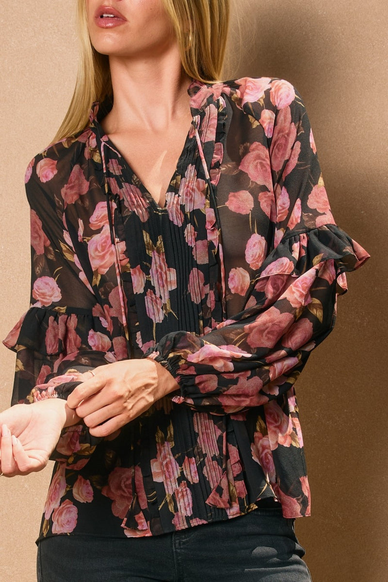 Black Floral Sheer Ruffle Sleeve Blouse