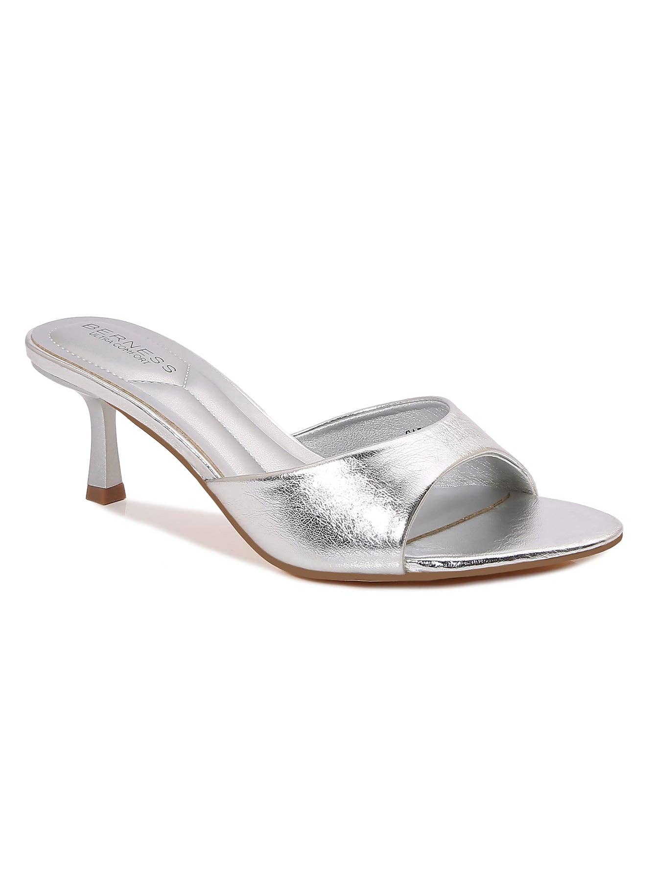 Silver Metallic Open Toe Kitten Heel Slide Sandals