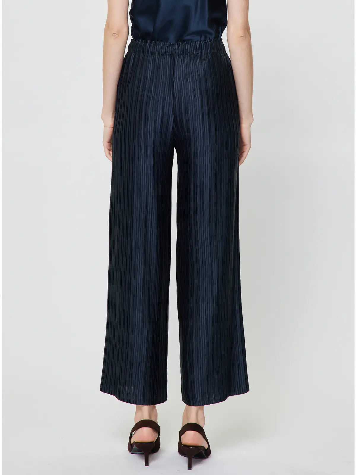 Pleated Wide Leg Drawstring Pants Navy Blue