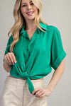 Emerald Green Satin Button-Up Top with Tie Front