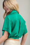 Emerald Green Satin Button-Up Top with Tie Front