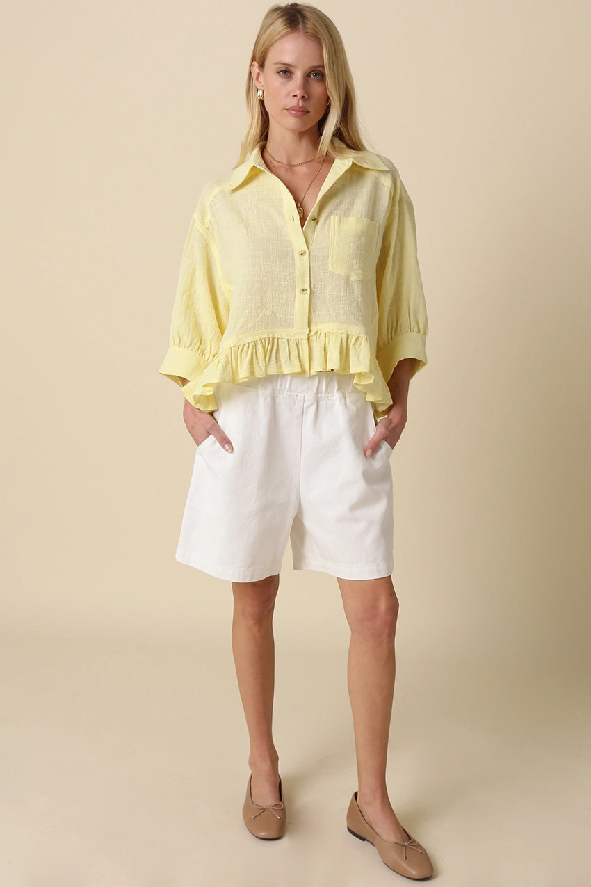 Lightweight Ruffle Hem Button-Up Blouse with Puff Sleeves in Pastel Yellow