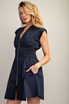 V-Neck Smocked Front-Zip A-Line Mini Dress Blue