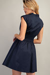 V-Neck Smocked Front-Zip A-Line Mini Dress Blue