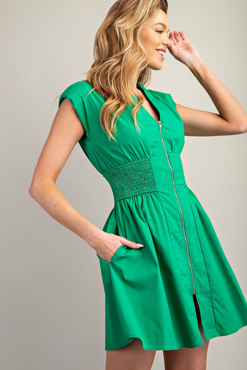 V-Neck Smocked Front-Zip A-Line Mini Dress