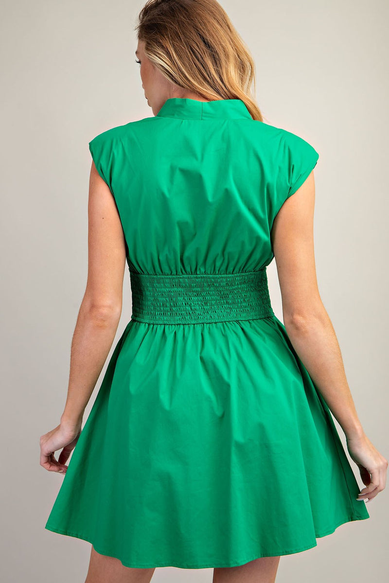 V-Neck Smocked Front-Zip A-Line Mini Dress